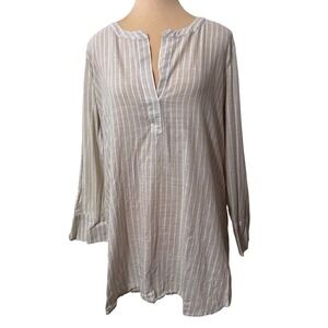 Vineyard Vines Womens Medium Tan White Striped Cotton Split Neck Tunic Top